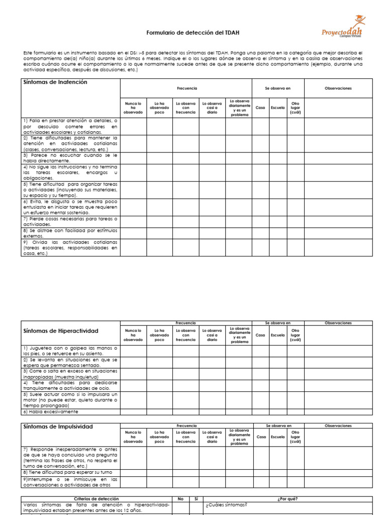 Formulario de Detección Del TDAH | PDF