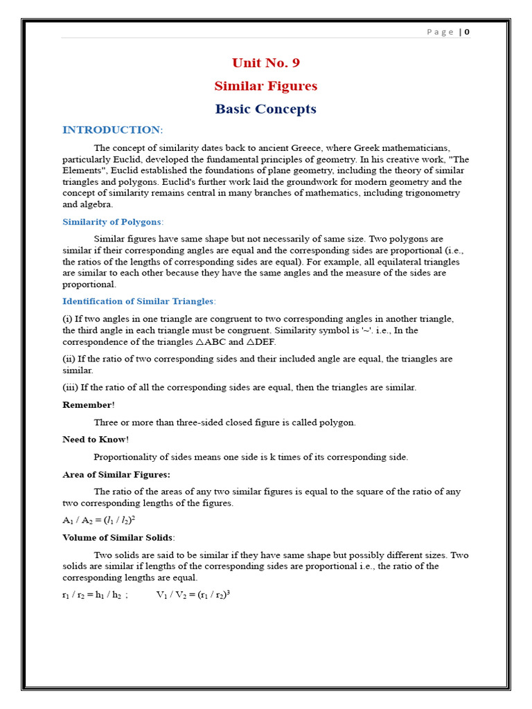 Unit No 9 Similar Figures Basic Concepts | PDF | Triangle | Angle