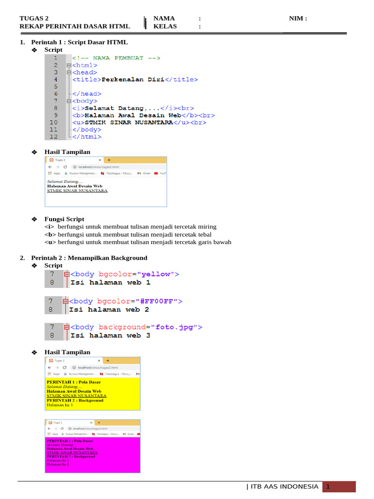 TUGAS 2 - PERINTAH HTML DASAR - Nama File Ini Di Tulis Nim + Nama Mhs | PDF