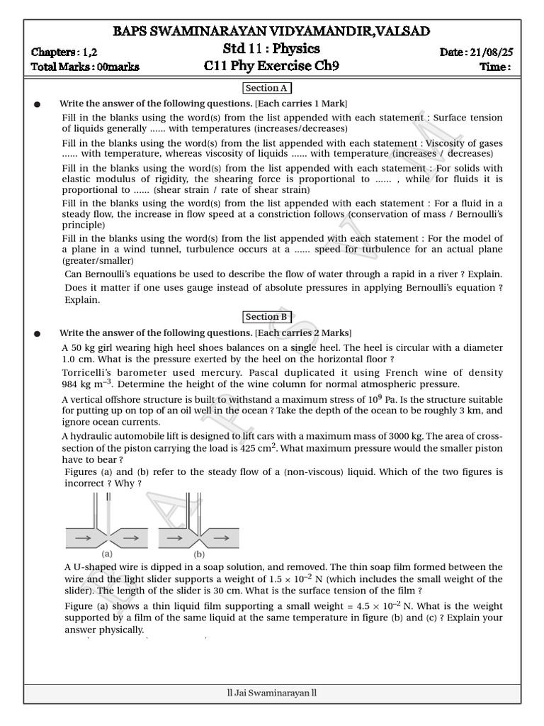 Class 11 Phy Exercise Ch9 | PDF | Pressure | Liquids