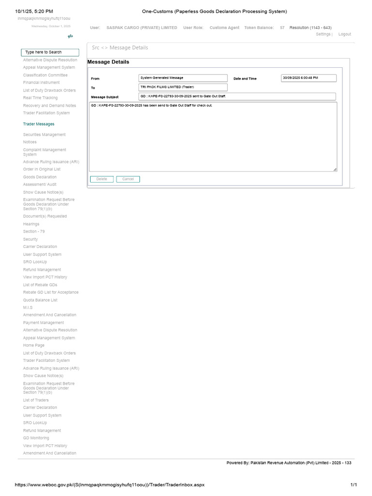 GATE OUT MSG One-Customs (Paperless Goods Declaration Processing System ...