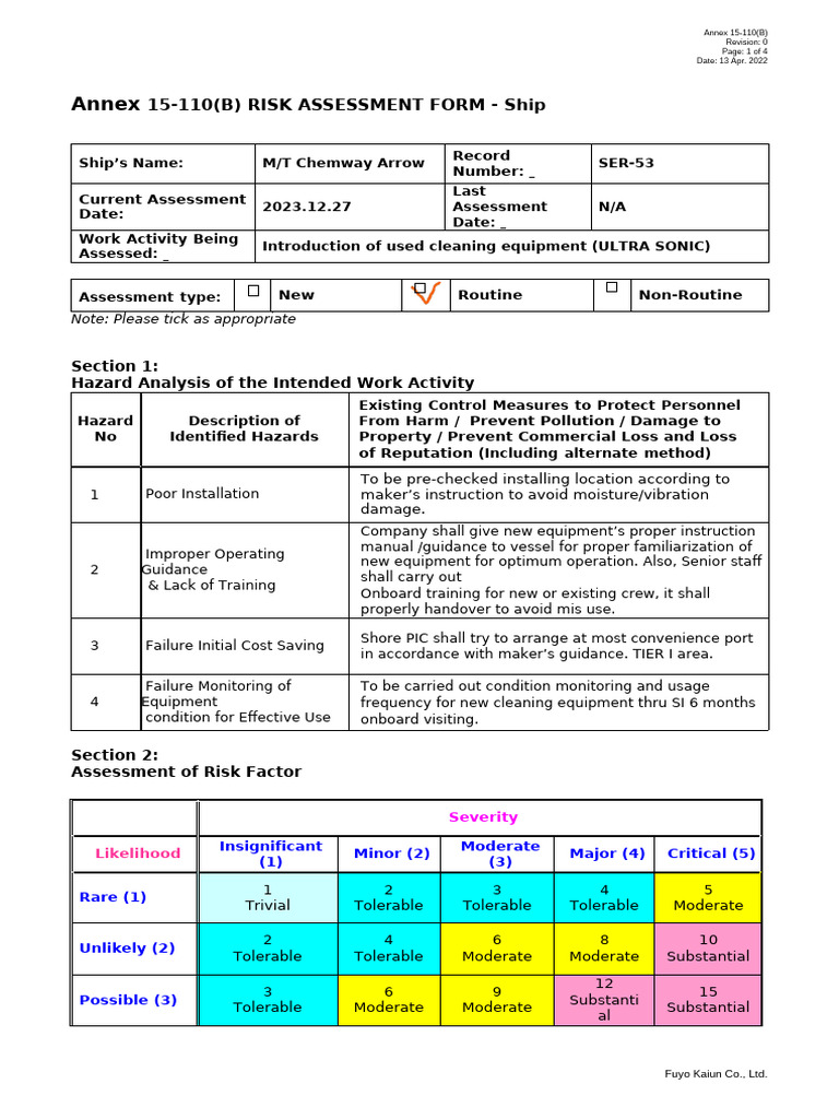 Annex 15-110(B) Risk Assessment Form - Ship (Dec.2023) (Rev.1) | PDF ...