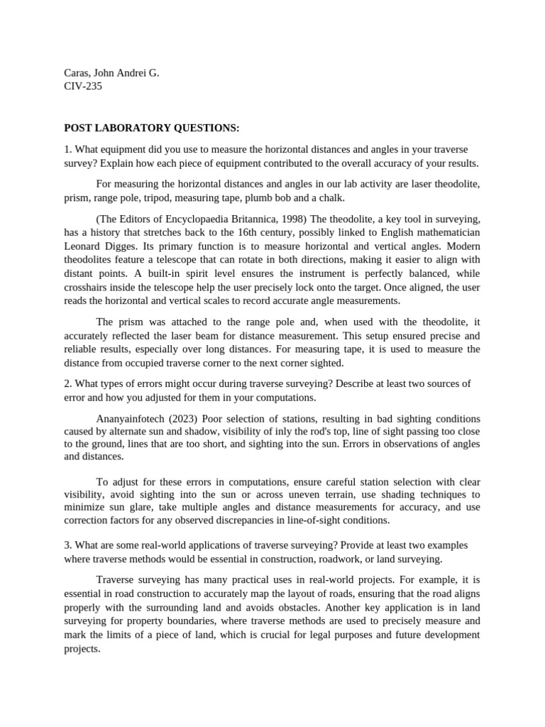 CARAS Post Lab Question 6 | PDF | Surveying