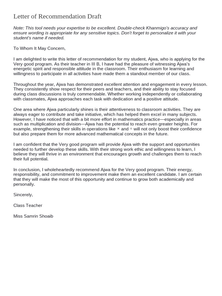 Letter of Recommendation Draft | PDF