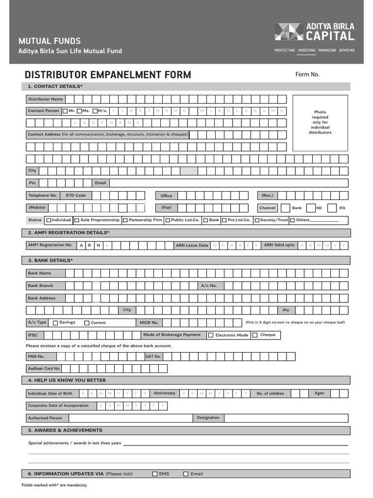 ADITYA BIRLA Distributor Empanelment Form v 1 | PDF | Cheque | Mutual Funds