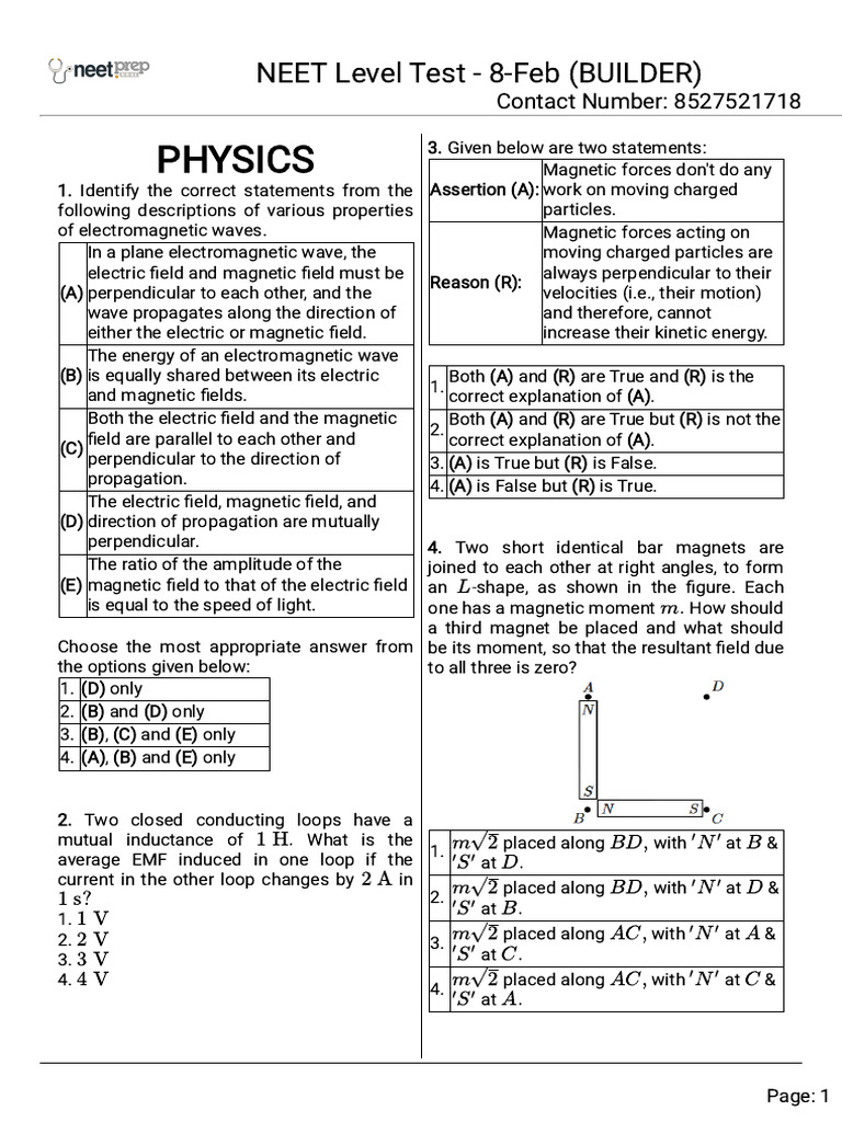 Neet Level Test 8 Feb Builder Neet Prep Test | PDF | Inductance | Inductor