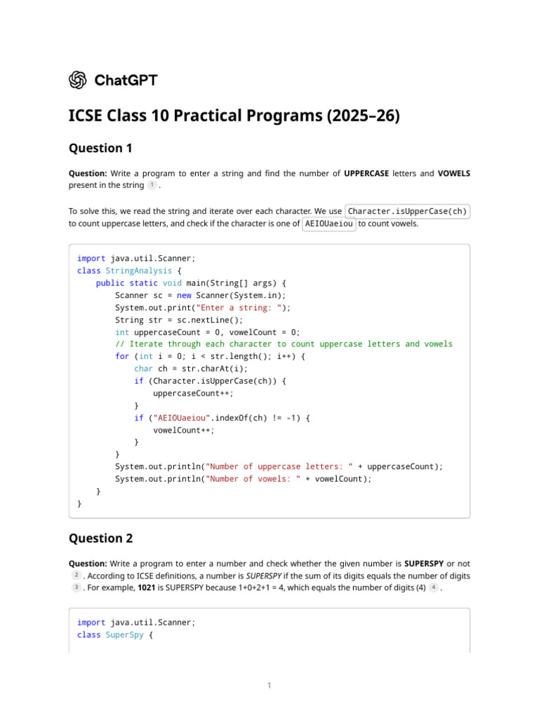 ICSE Class 10 Practical Programs (2025–26) | PDF | String (Computer ...