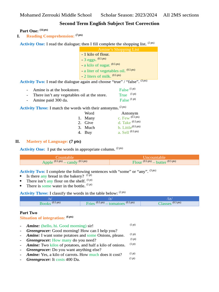 2MS 2nd Term Test 2024 Key | PDF | Foods | Cuisine