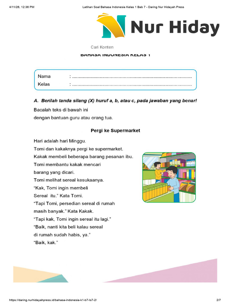 Latihan Soal Bahasa Indonesia Kelas 1 Bab 7 - Daring Nur Hidayah Press ...