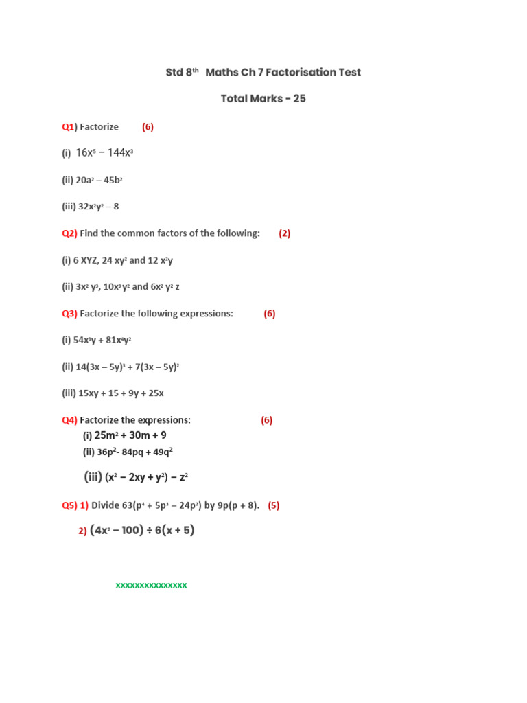 Maths Ch 7 Factorisation Test | PDF