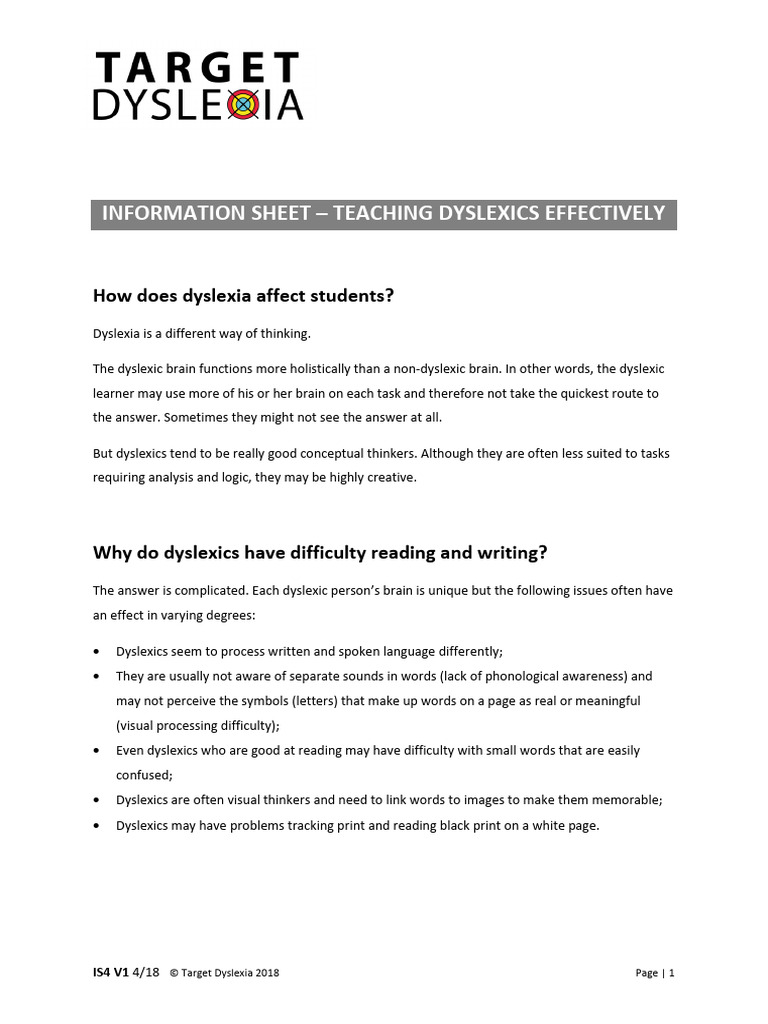 IS4 Information Sheet - Teaching Dyslexics Effectively | PDF | Dyslexia ...