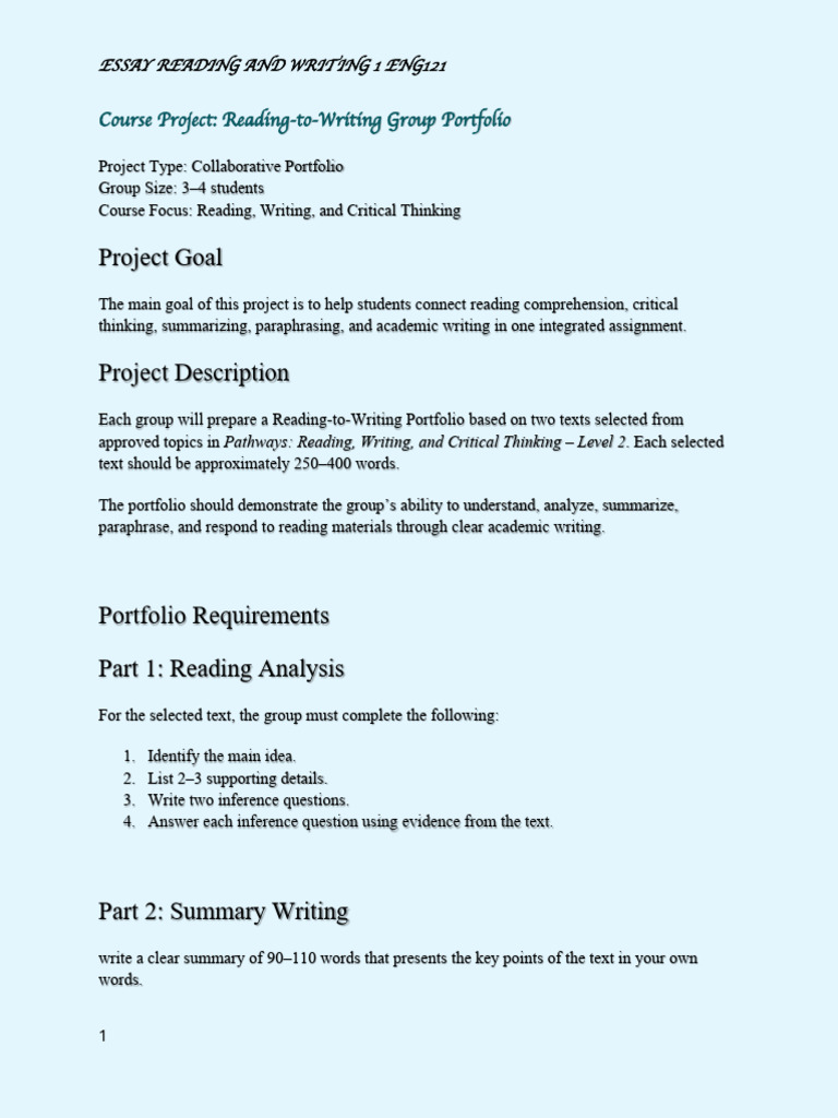 ENG1 Course Project | PDF | Essays | Reading Comprehension