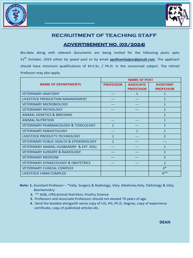 Recruitment Advertisement ACVM 03-2024 | PDF | Veterinary Medicine ...