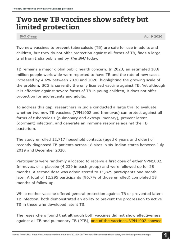 Two New TB Vaccines Show Safety but Limited Protection (1) | PDF ...