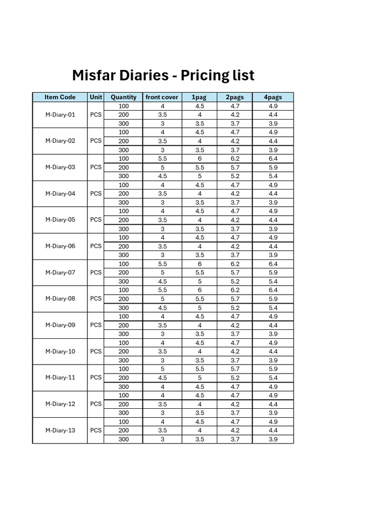 Diaries Price List | PDF