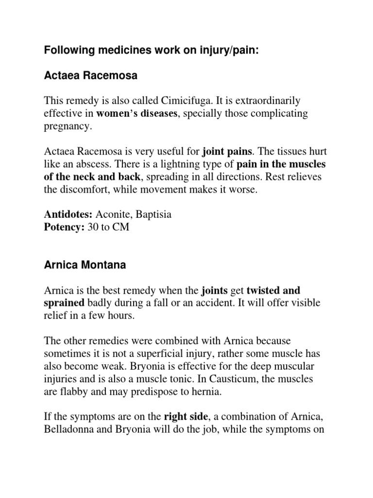 Following Medicines Work On Injury/pain: Actaea Racemosa | PDF | Pain ...