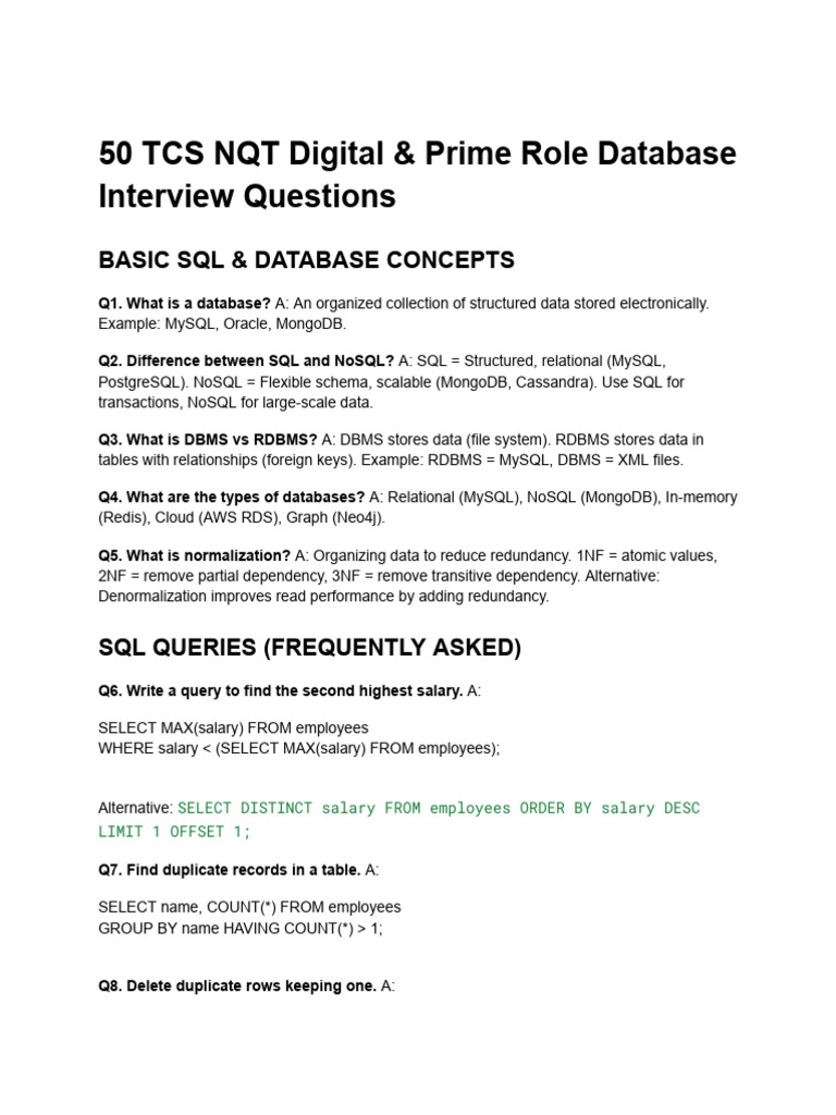 100 TCS NQT Digital & Prime Role Database Interview Questions | PDF ...