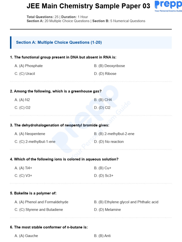 Jee Main Chemistry Sample Paper 03 1774961722 | PDF | Iron | Ammonia