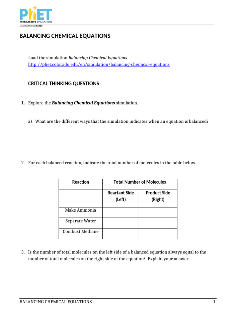 PHeT Balancing Equations | PDF | Chemical Reactions | Physical Sciences