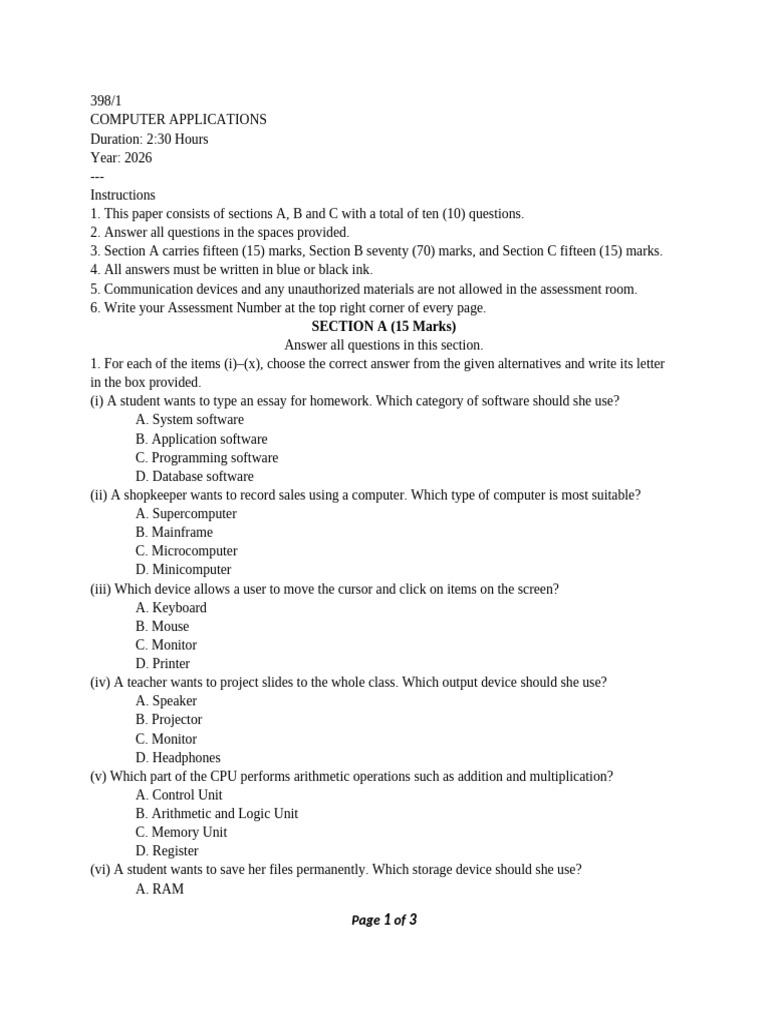 Mid-term Form 1 2026 | PDF | Microcomputers | Input/Output