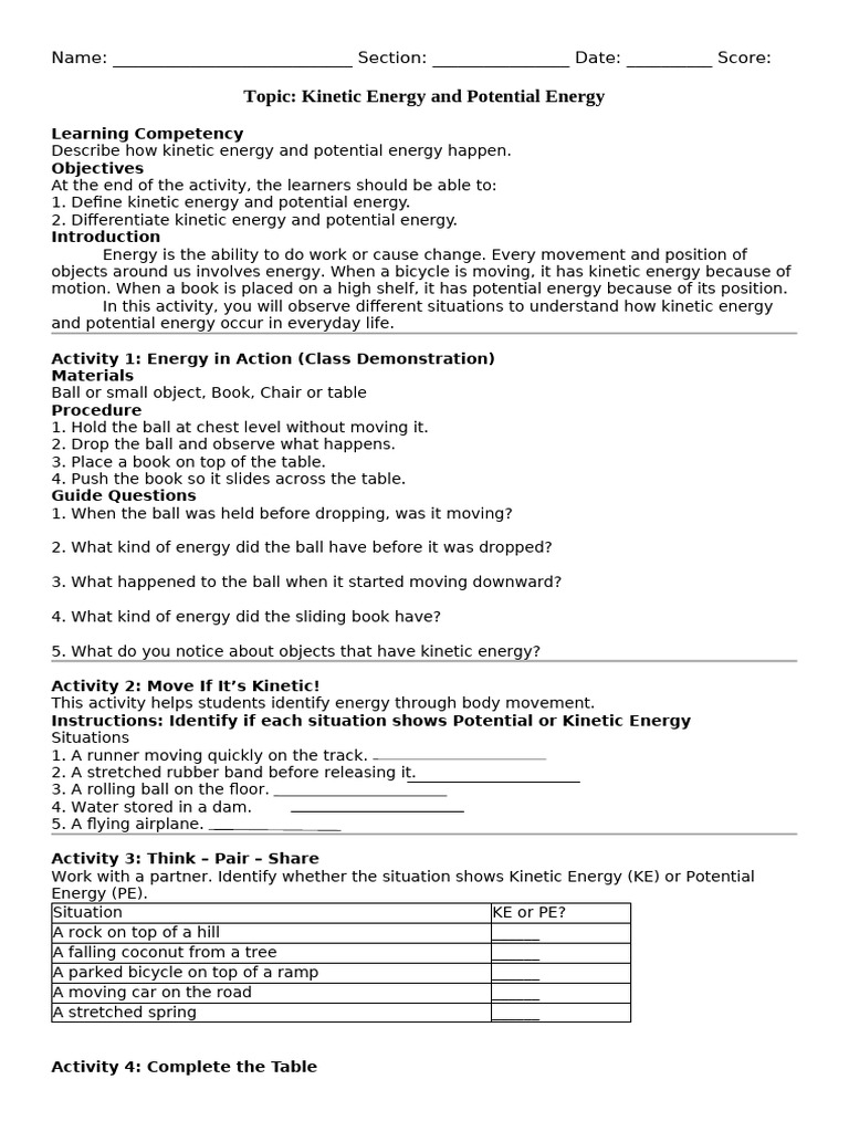 15. POTENTIAL AND KINETIC ENERGY | PDF | Potential Energy | Kinetic Energy