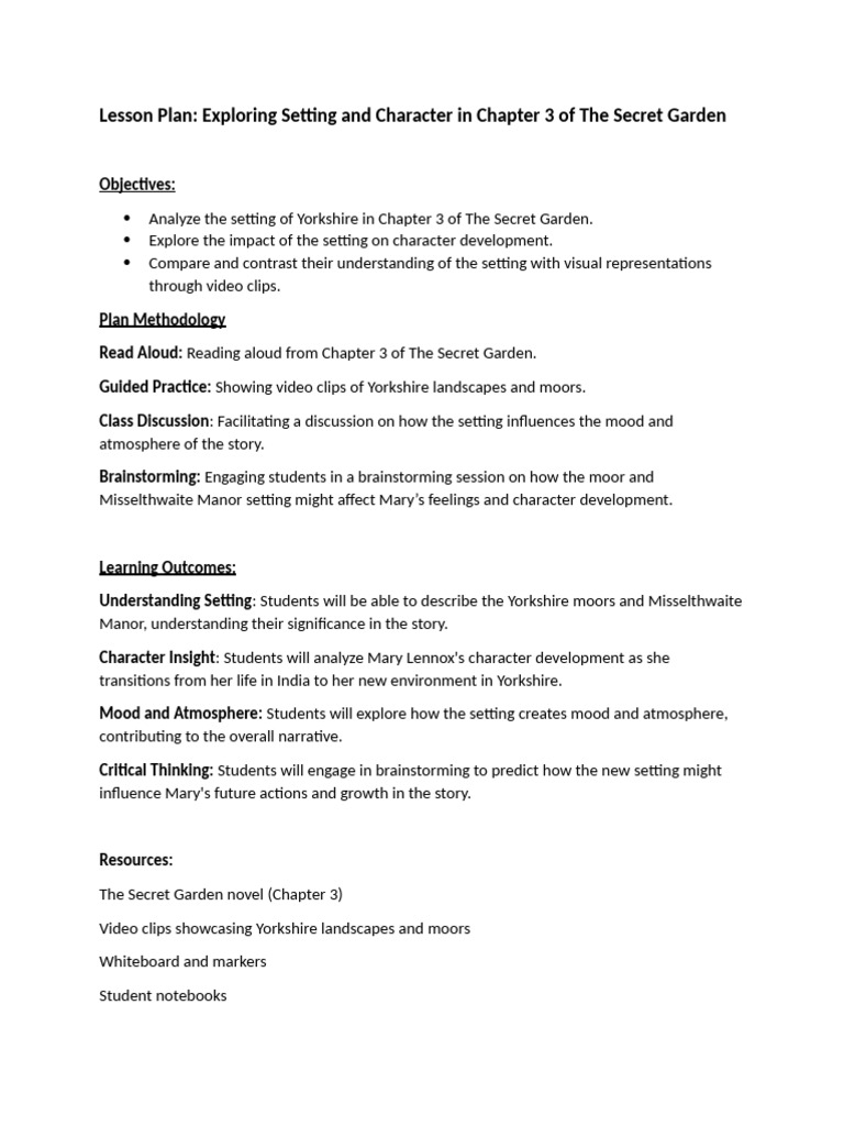Lesson Plan - Chapter 3 - Grade 6 - The Secret Garden | PDF | The ...