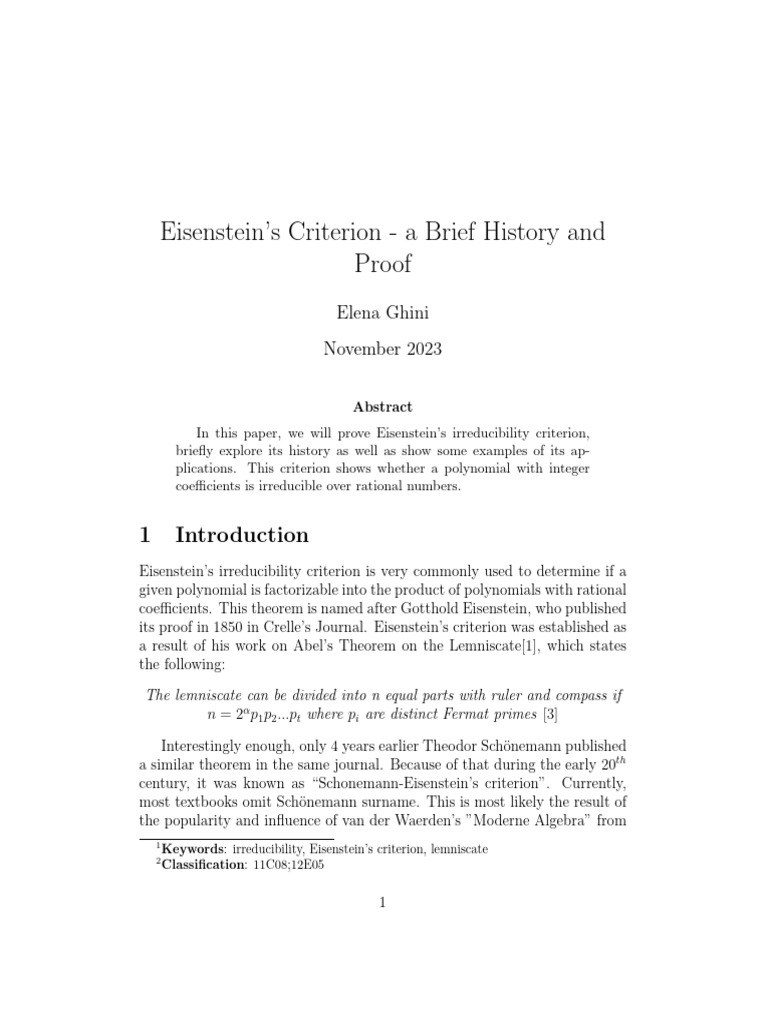 Eisenstein's Criterion - a Brief History and Proof | PDF | Discrete ...