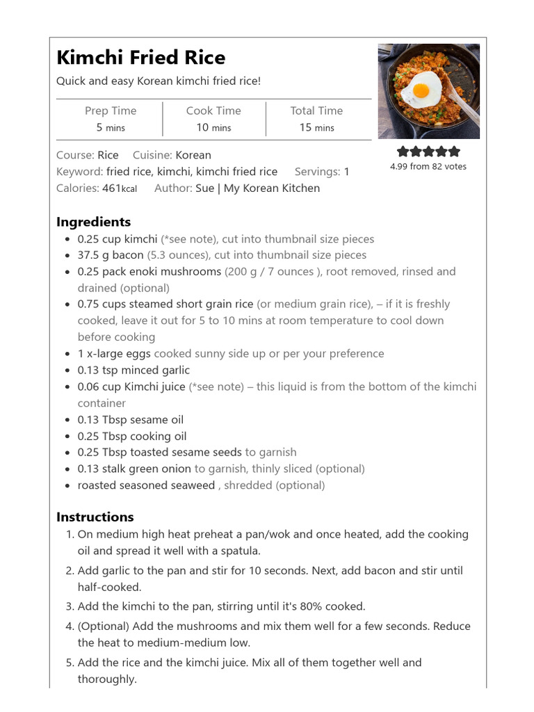 Kimchi Fried Rice - My Korean Kitchen | PDF | Cooking | Foods