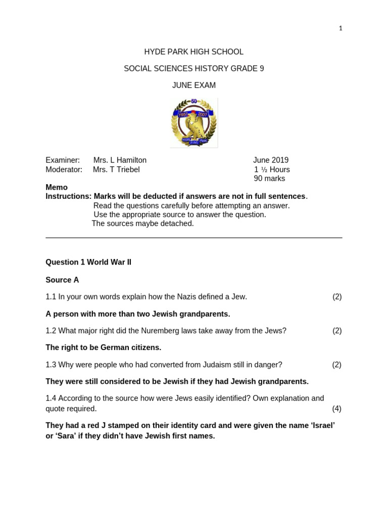 Grade 9 June Exam - Memo | PDF | Prisoner Of War | Jews
