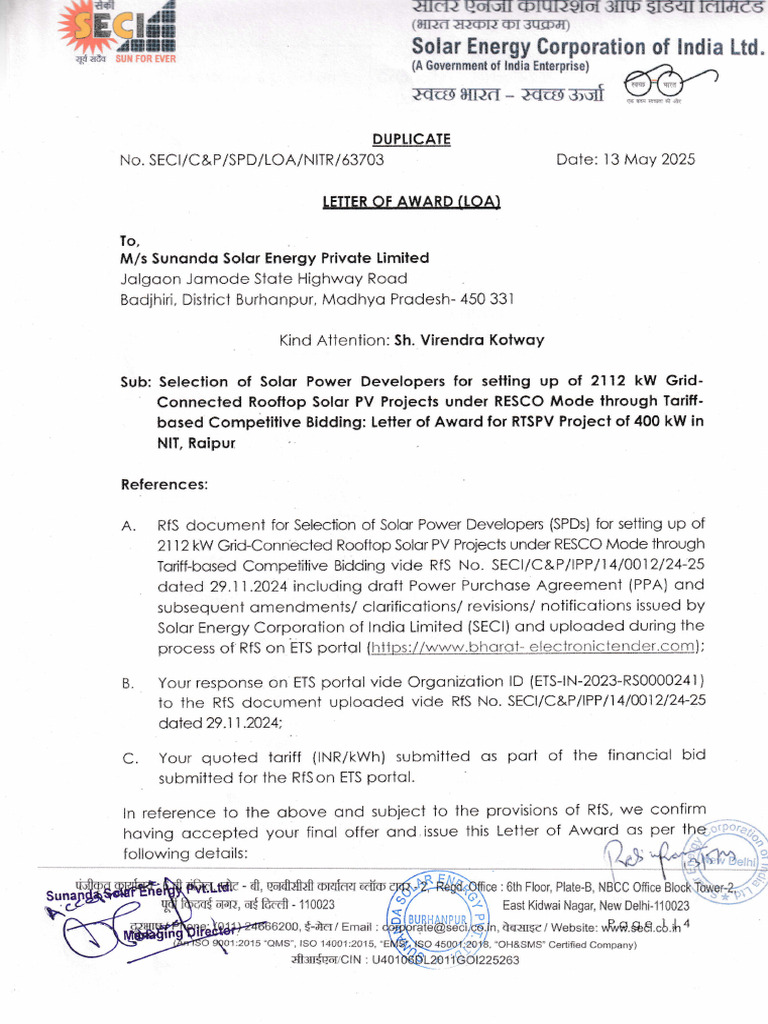 NIT 400 KWP LOA | PDF | Renewable Electricity | Energy Technology