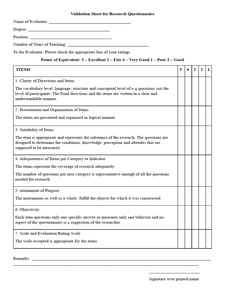 Validation Sheet for Research Questionnaire | PDF