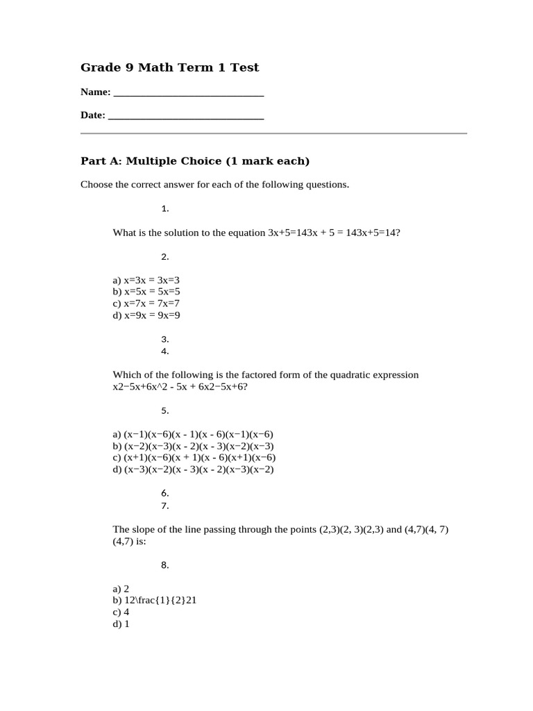 Grade 9 Math Term 1 Test | PDF | Elementary Mathematics | Euclidean ...