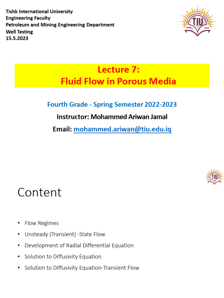 PTR 432 L7 Fluid Flow in Porous Media | PDF | Fluid Dynamics | Porous ...