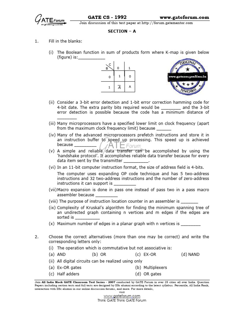 gate 1992 | PDF | Computing | Computer Engineering