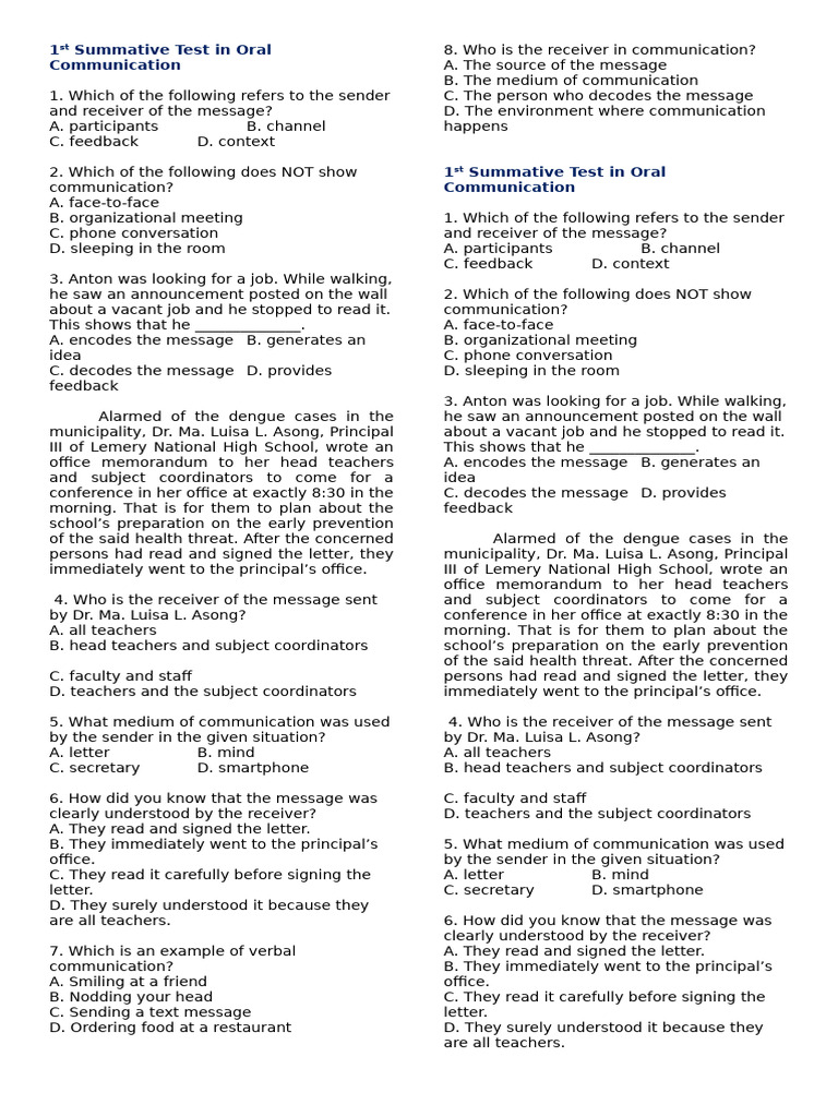 1st Summative Test | PDF | Communication | Information