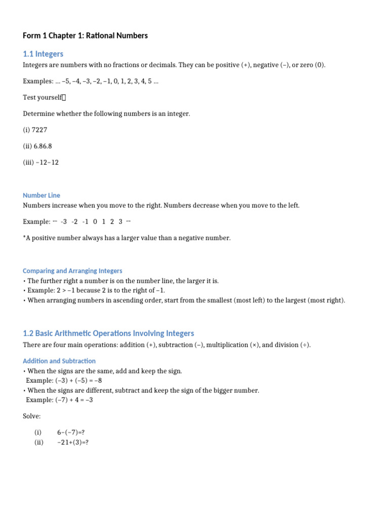 KSSM Mathematics Form1 Chapter1 Rational Numbers | PDF | Multiplication ...