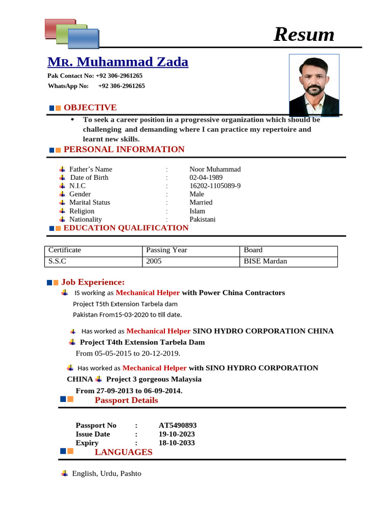 Muhammad Zada Mechanical Helper CV | PDF