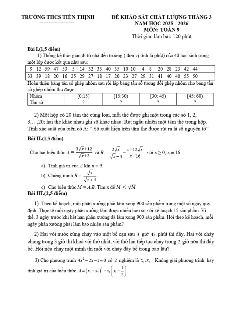 De Khao Sat Toan 9 Thang 3 Nam 2026 Truong Thcs Tien Thinh Ha Noi | PDF