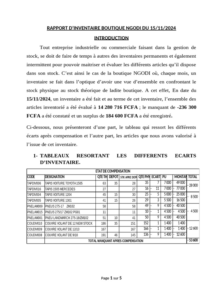 Rapport D'inventaire Ngodi Octobre 2024 | PDF | Fabricants de véhicule ...