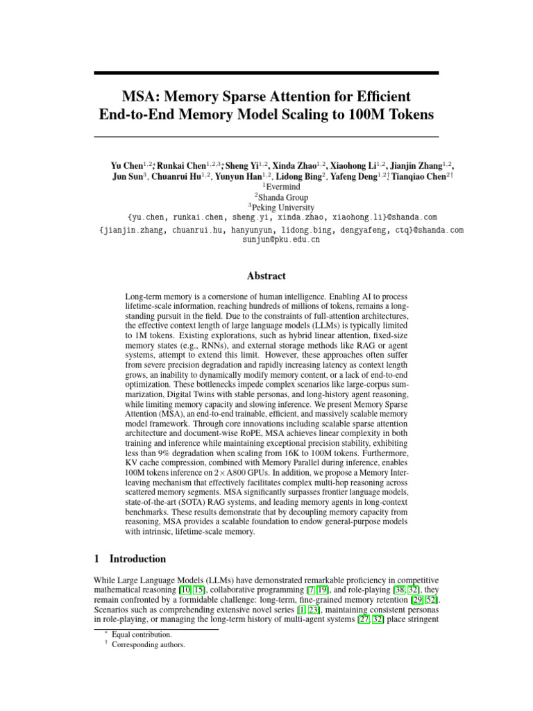 MSA Memory Sparse Attention for Efficient End to End Memory Model ...
