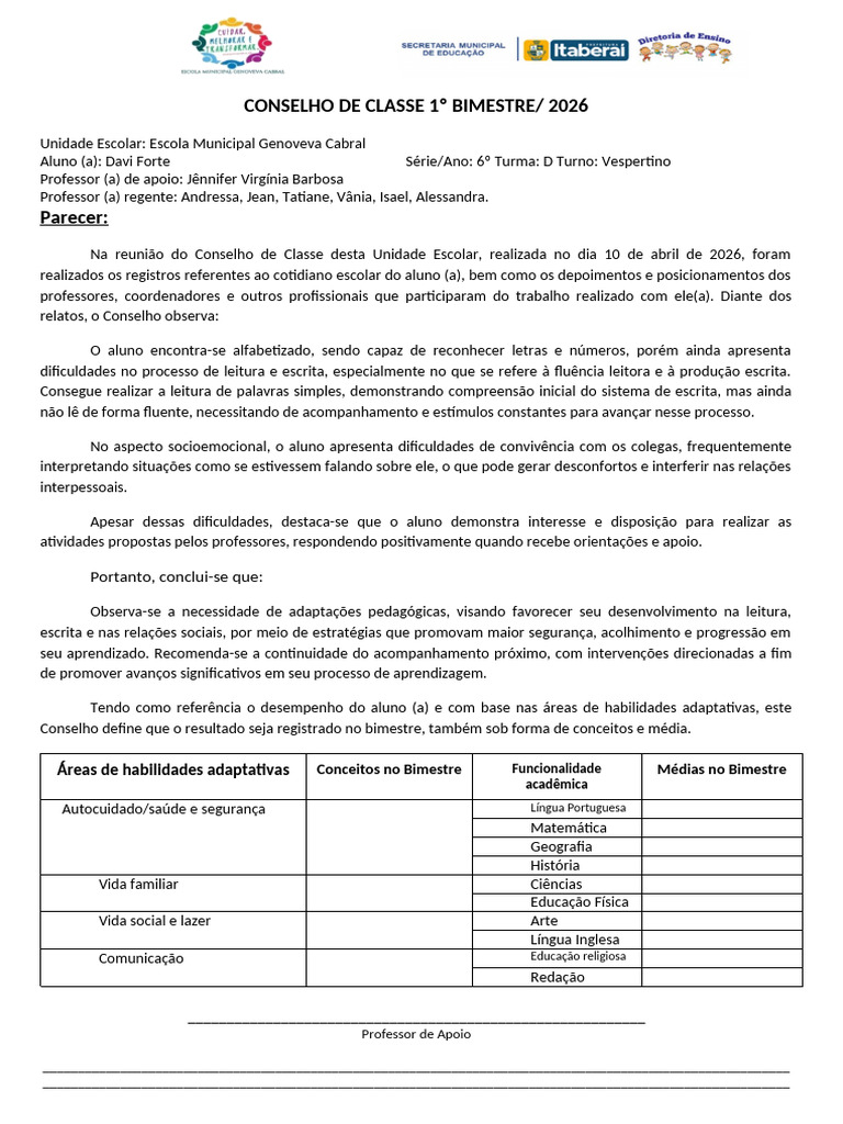 Conselho de Classe 1º Bimestre 2026.docx Davi Forte | PDF | Pedagogia ...