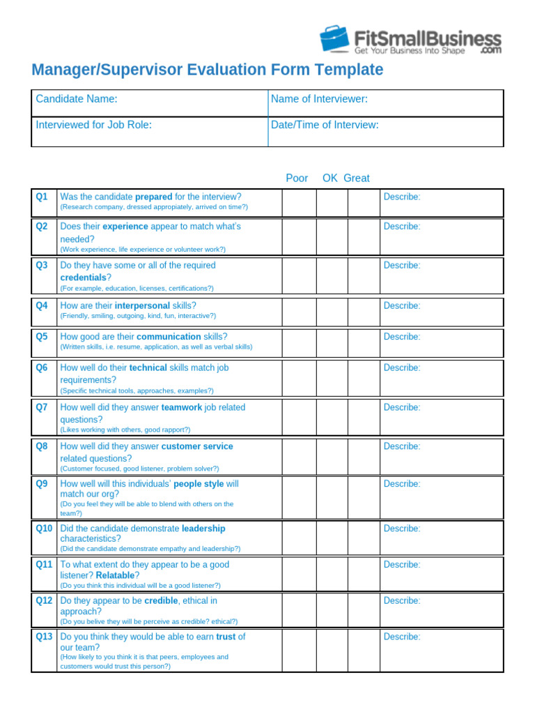 Manager Interview Evaluation Form Template | PDF | Cognition | Psychology