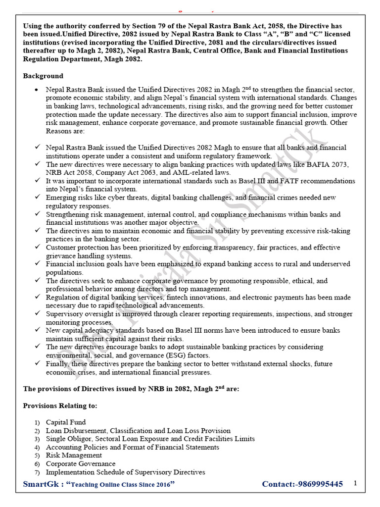 NRB Directives 2082 Magh Smart GK, English | PDF | Financial Risk | Banks