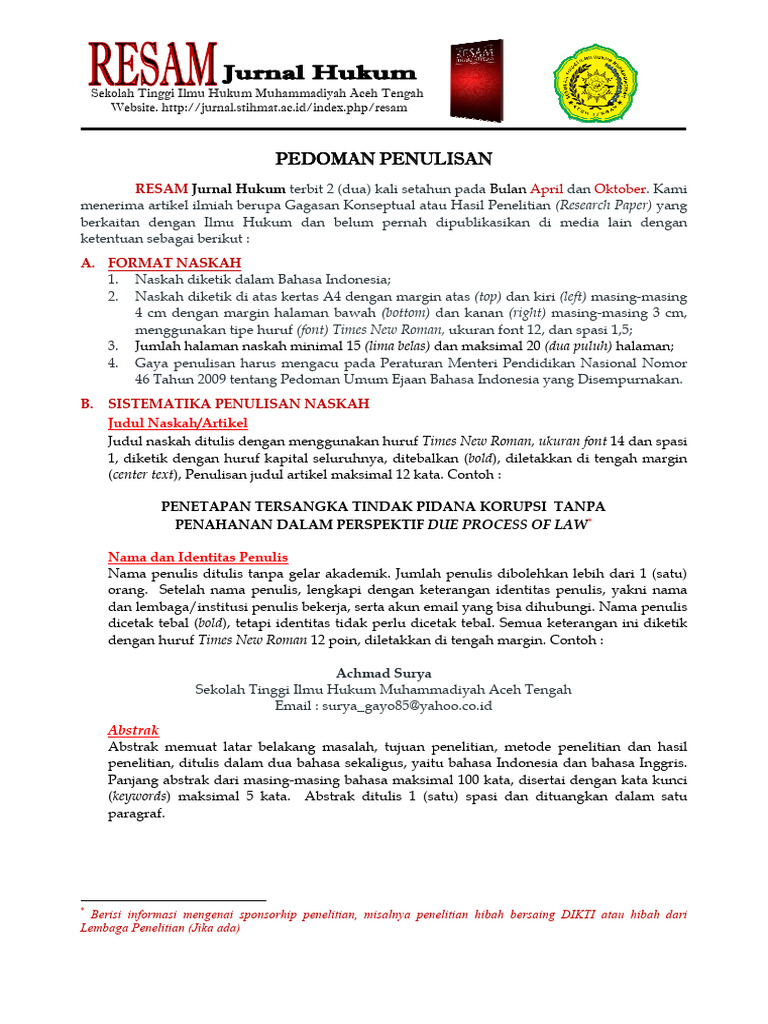 Pedoman Penulisan RESAM Jurnal Hukum | PDF