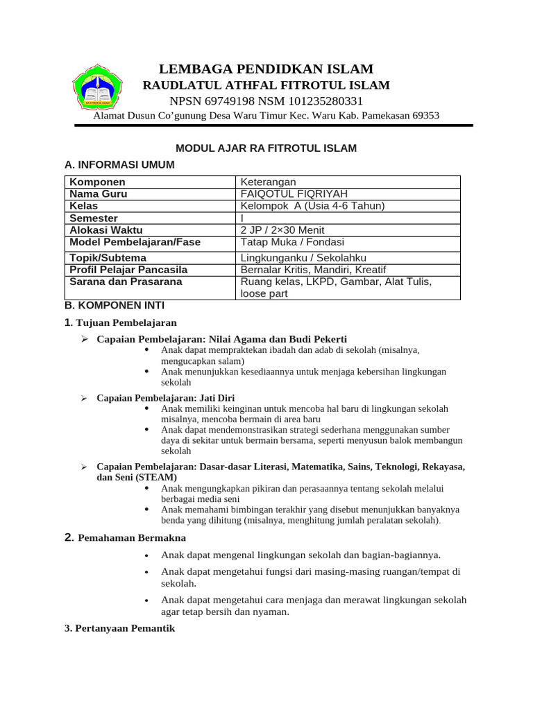 MODUL AJAR RA FITROTUL (RPPH) - KELOMPOK A | PDF