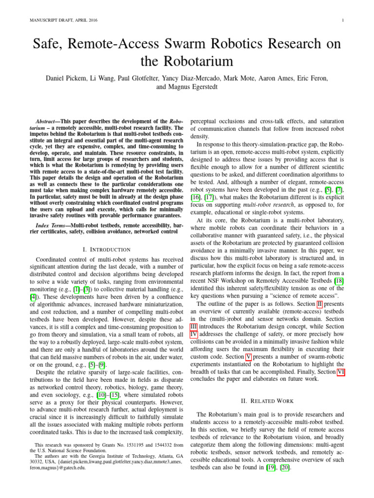 Safe, Remote-Access Swarm Robotics Research On | PDF | Robotics | Robot