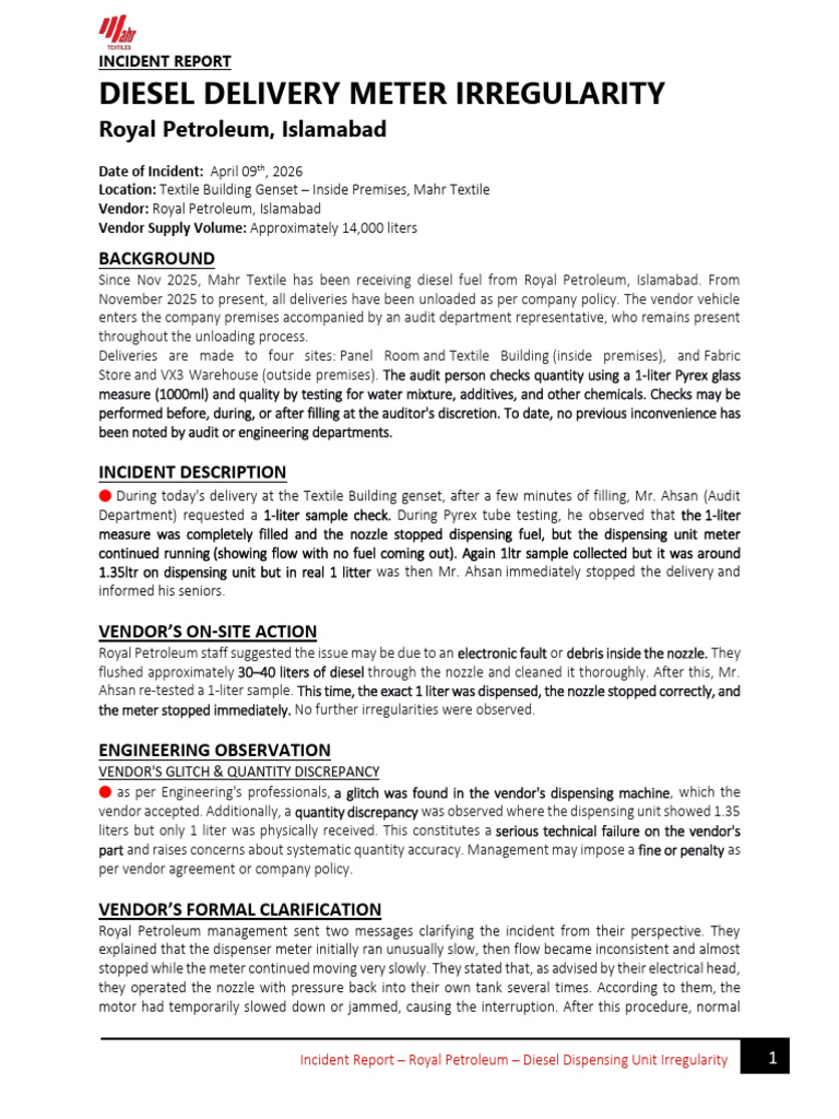 Incident Report - Diesel Delivery Meter Irregularity - Royal Petroleum ...