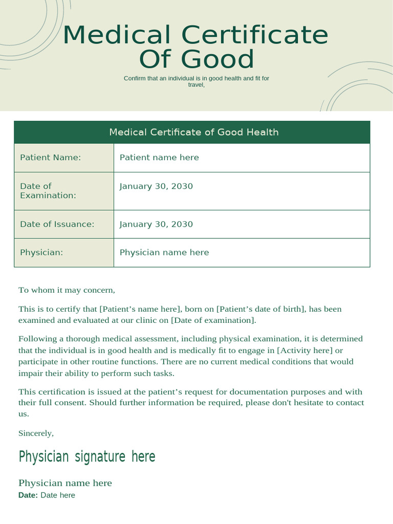 Medical - Docs - Medical Certificate of Good Health | PDF