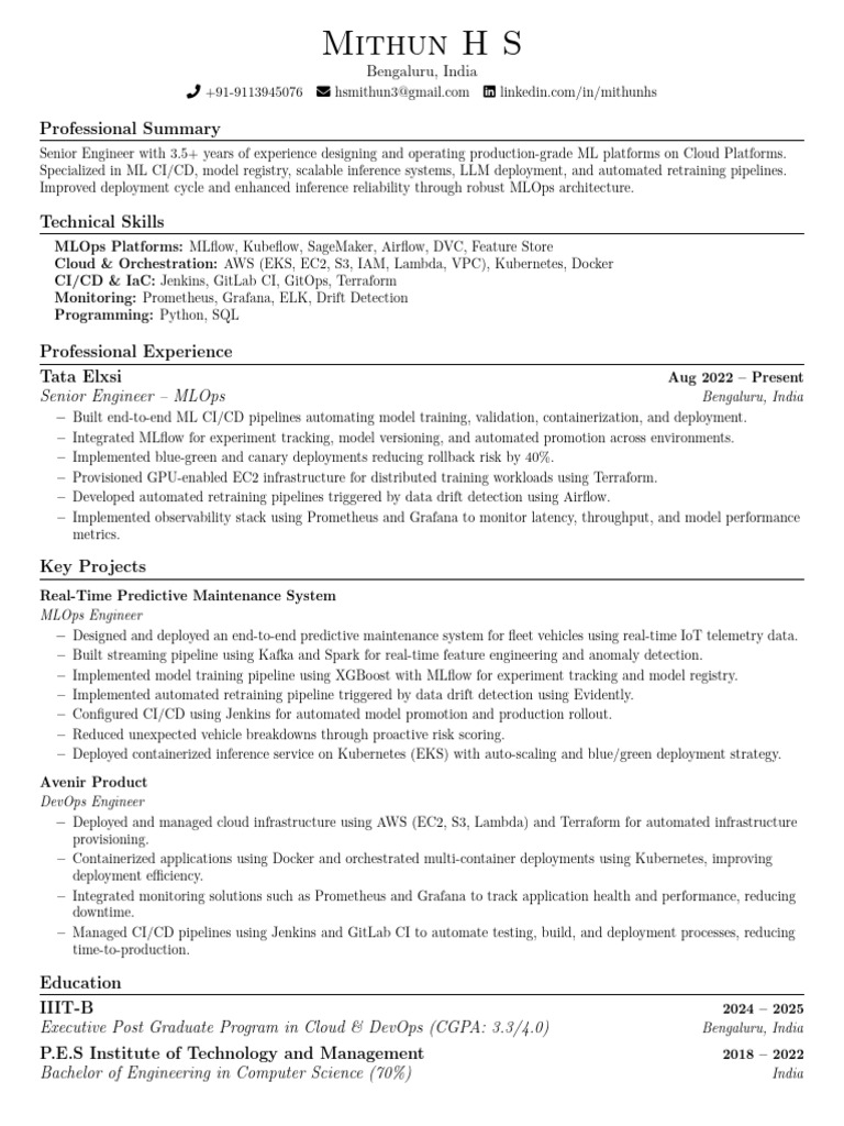 Mithun H.S Resume | PDF | Cloud Computing | Software Engineering