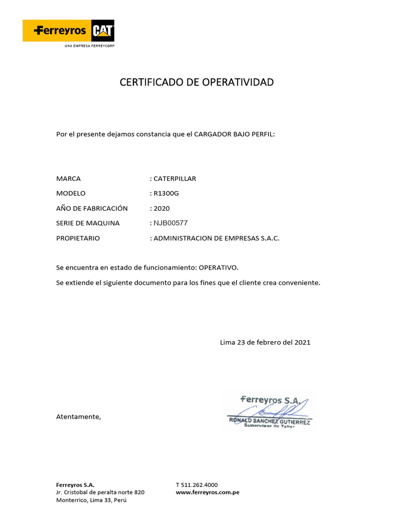 Certificado de Operatividad Njb00577 | PDF